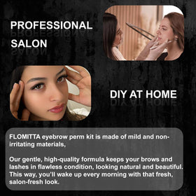 Person using Flomitta kit applying brow glue demonstrating easy at-home styling