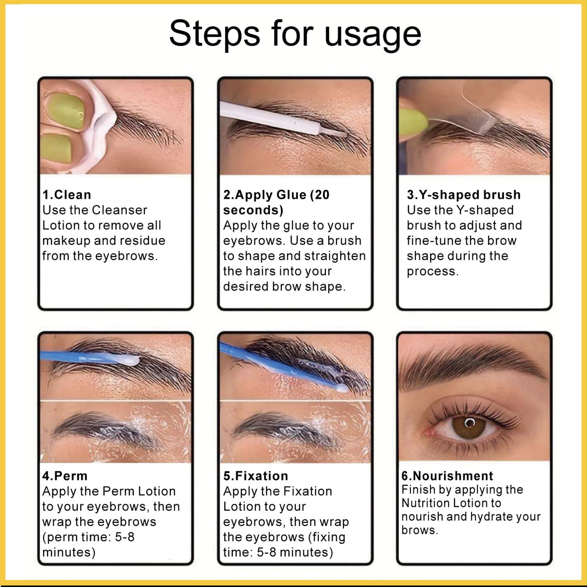 Flomitta nutrient bottle label close-up showing conditioning benefit for brows