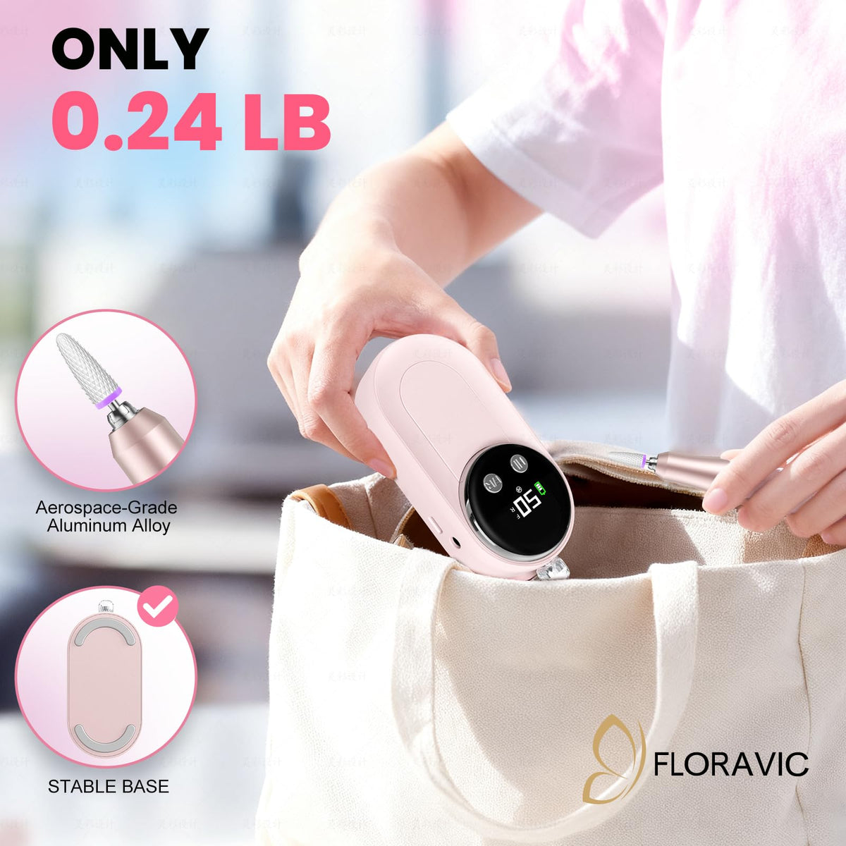 FLORAVIC bits and accessories laid out for versatile acrylic, gel, and natural work