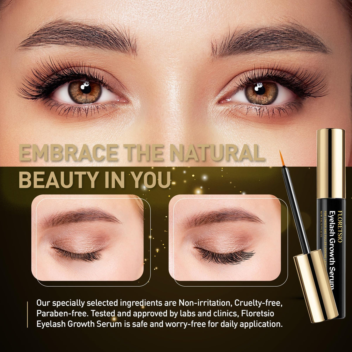 Floretsio being applied to brow and lash line, demonstrates simple daily use