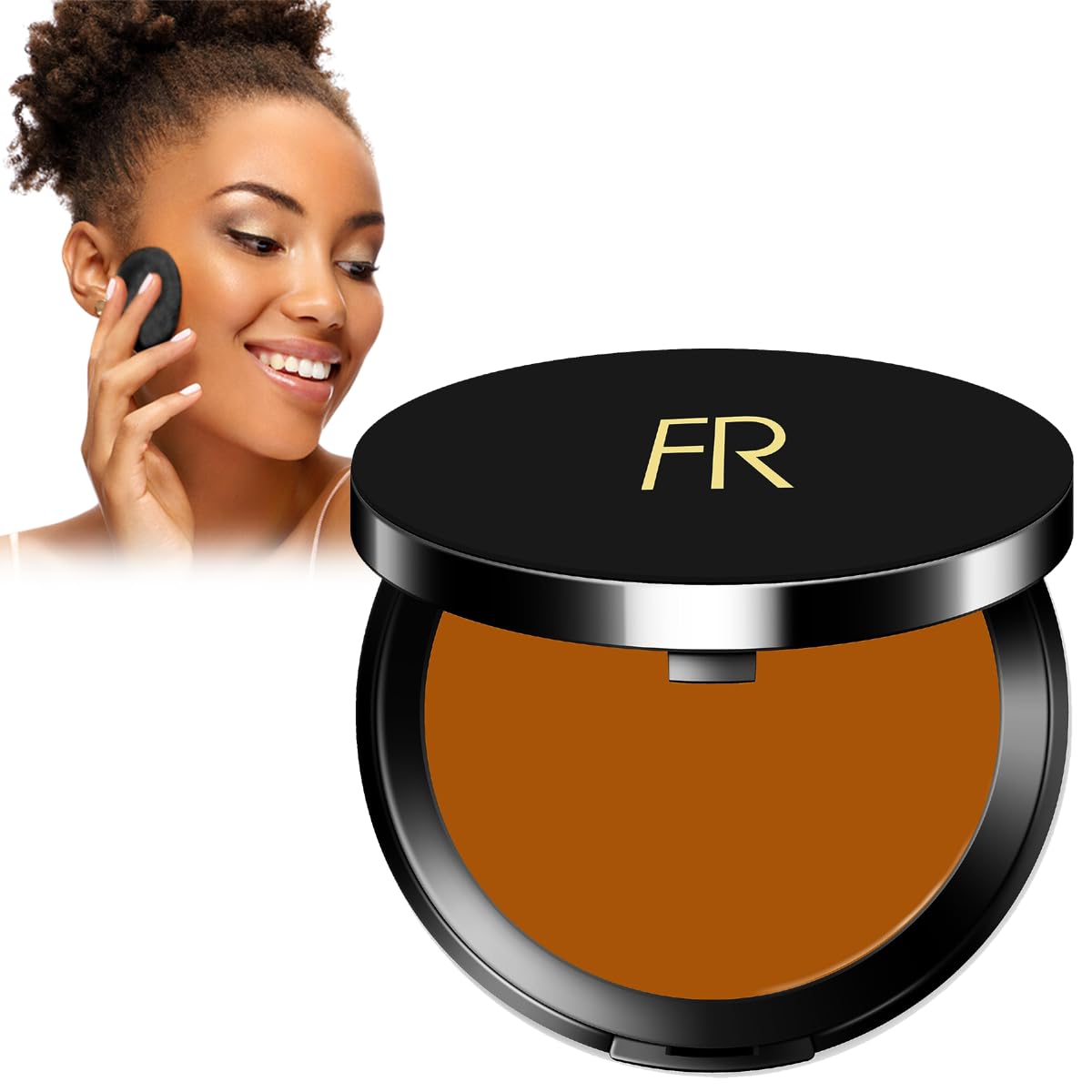 Flori Roberts compact front view showing sleek packaging and portable design benefit