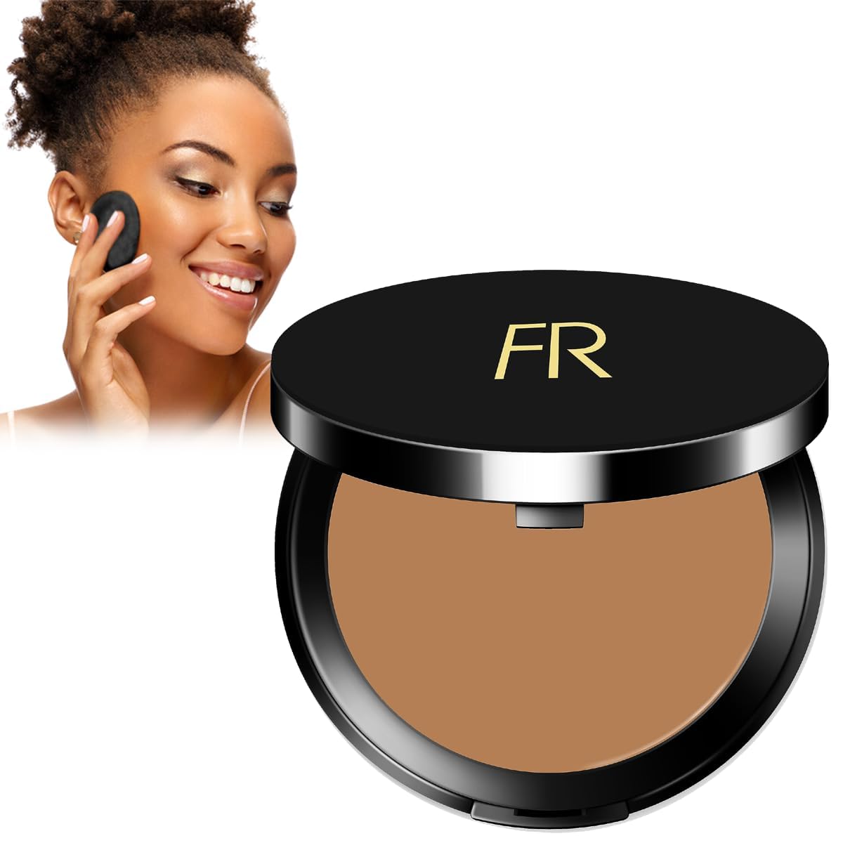 Flori Roberts front packaging showing compact and shade name benefit: travel-friendly coverage