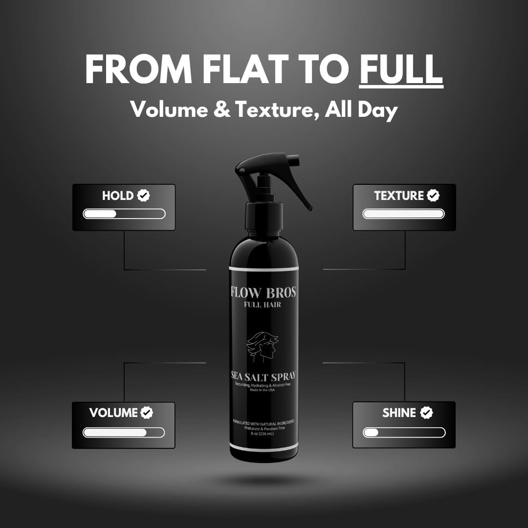 Flow Bros spray creating textured waves on hair, illustrating natural beachy volume
