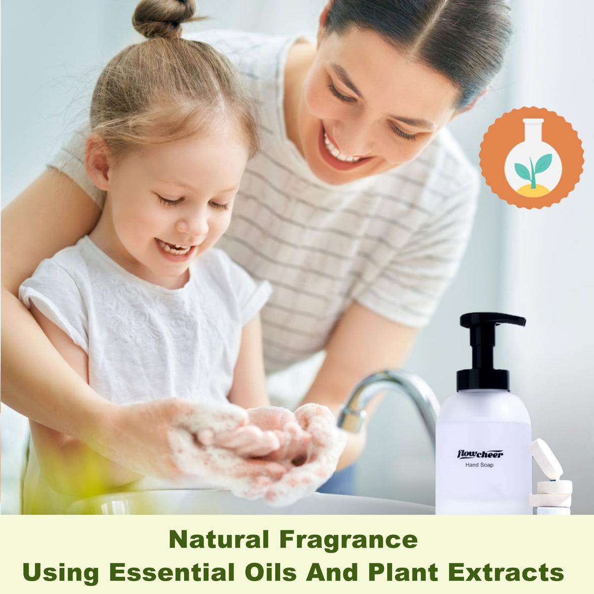 flowcheer foam pump dispenser in use producing creamy lemon-scented foam for handwashing