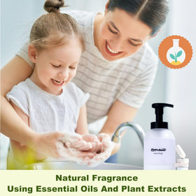 flowcheer foam pump dispenser in use producing creamy lemon-scented foam for handwashing