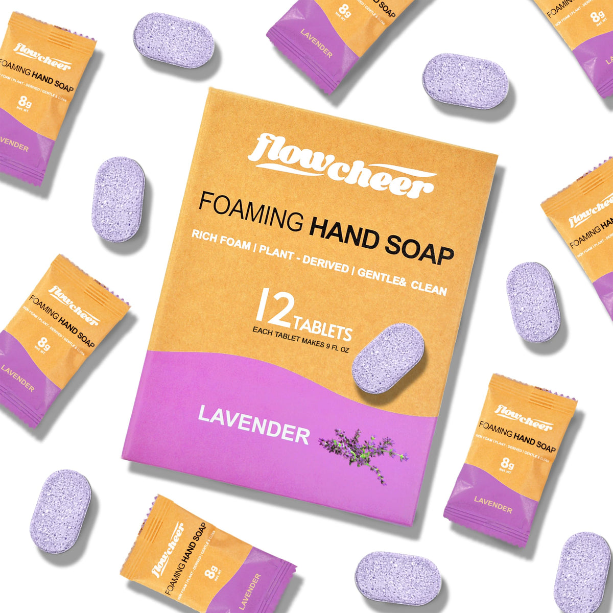 flowcheer front packaging showing lavender tablets and eco carton benefits