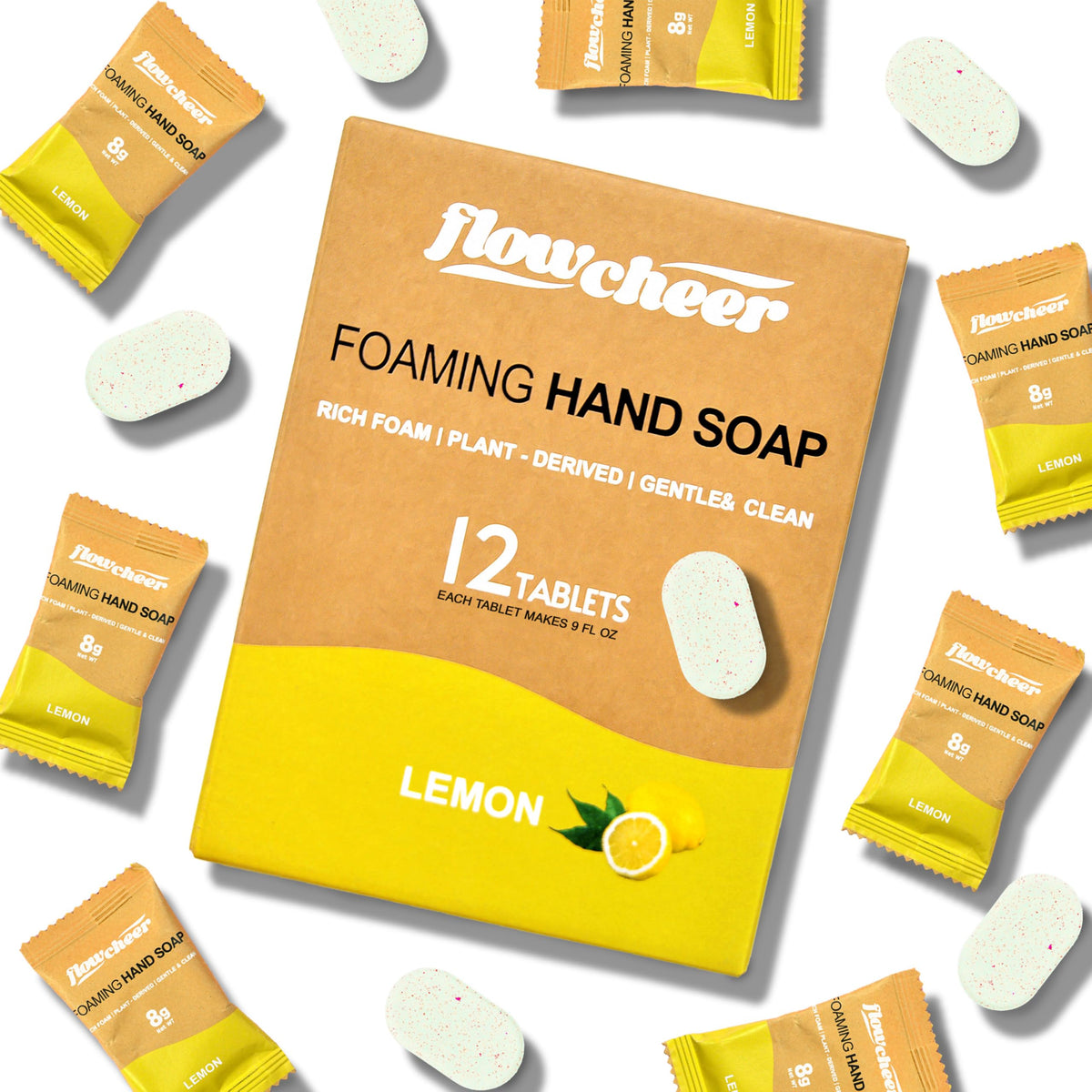 flowcheer front packaging lemon tablets showing compact eco-friendly box and contents