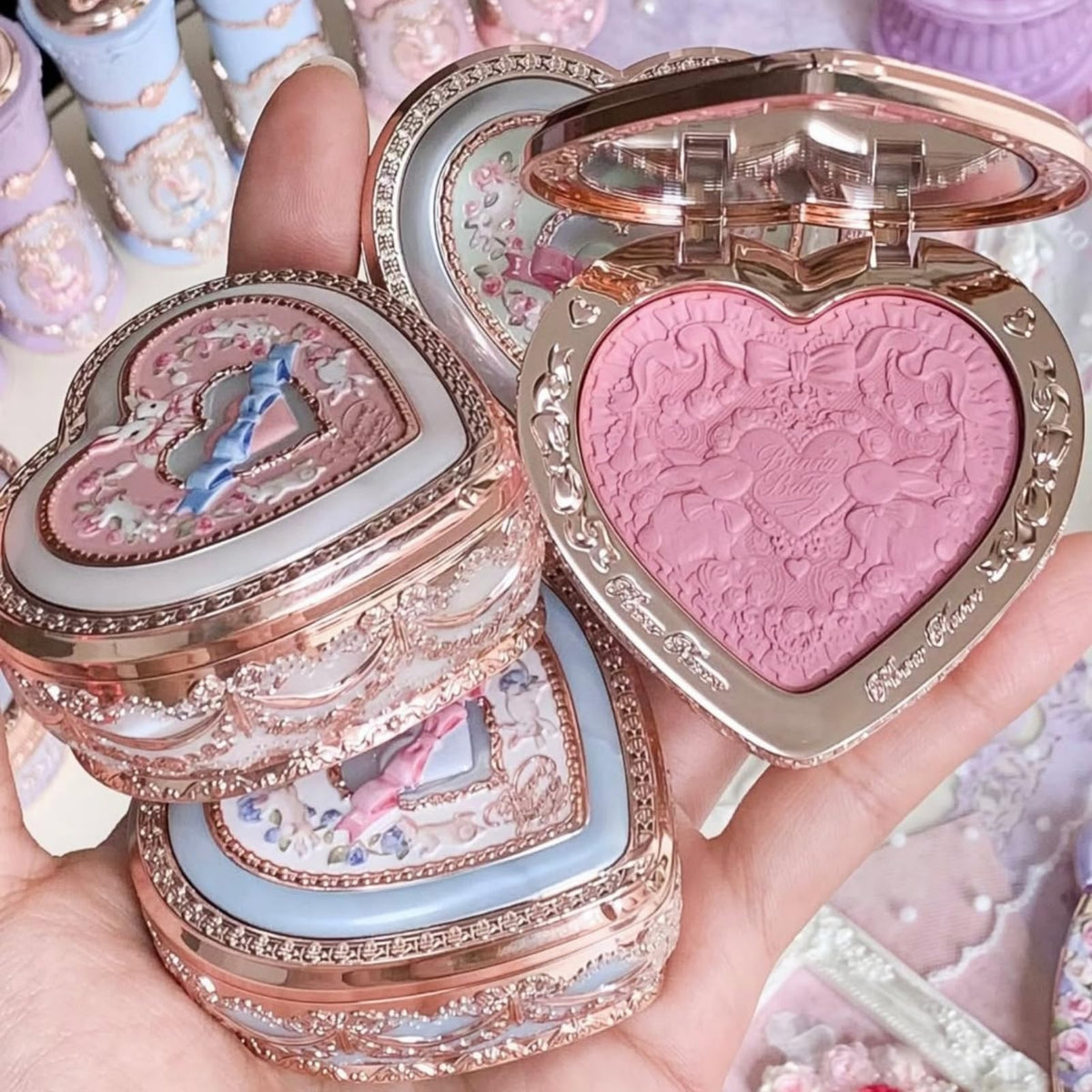 Flower Knows blush applied on cheek demonstrating natural satin glow and blendability