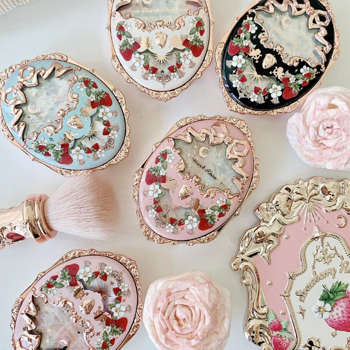 Flower Knows compact on vanity display as decorative makeup accent