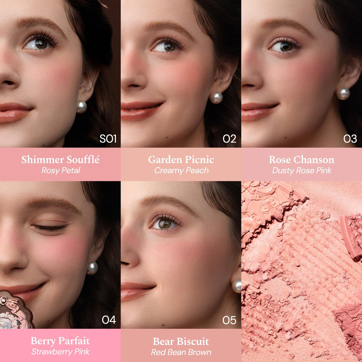 Flower Knows open compact revealing Rose Chanson powder and easy-to-pick-up pigment