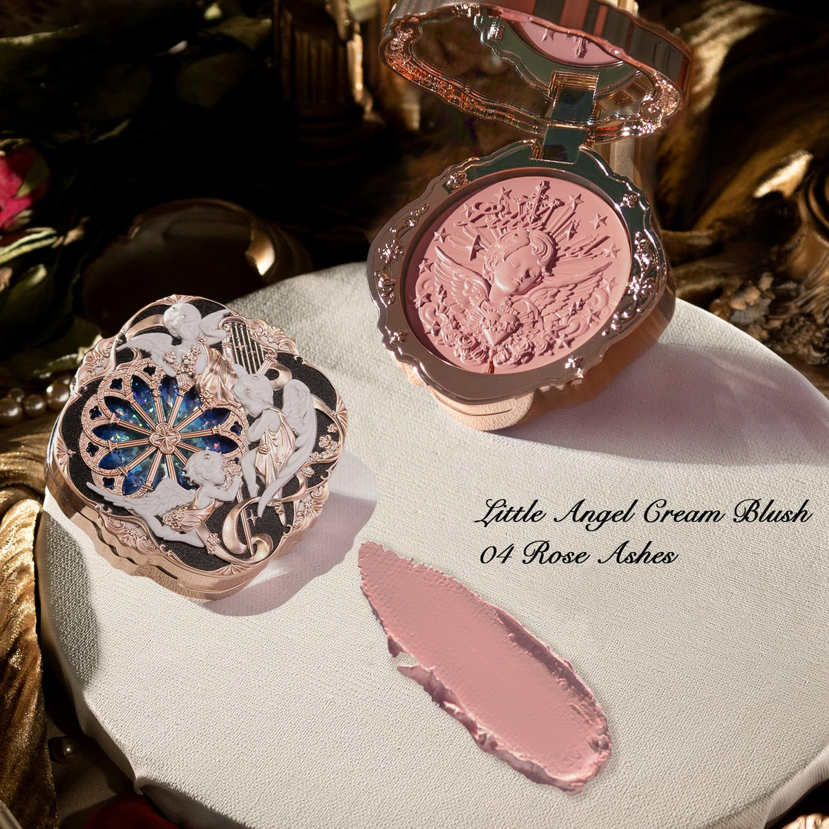 Flower Knows compact open revealing product surface and angel detail benefit