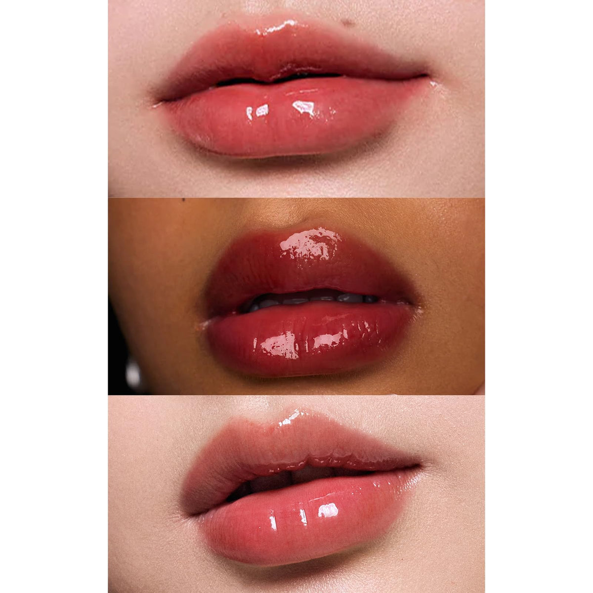 Flower Knows swatch on arm illustrating buildable coral-brick color and lasting gloss benefit