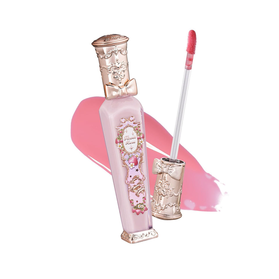 Flower Knows front packaging showing elegant bottle and pink gloss benefit: decorative display