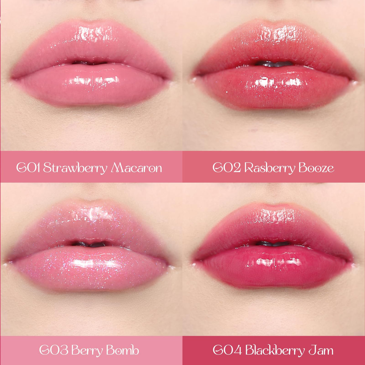 Flower Knows lip swatch on model demonstrating baby-pink shine and plumping benefit
