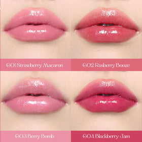 Flower Knows lip swatch on model demonstrating baby-pink shine and plumping benefit