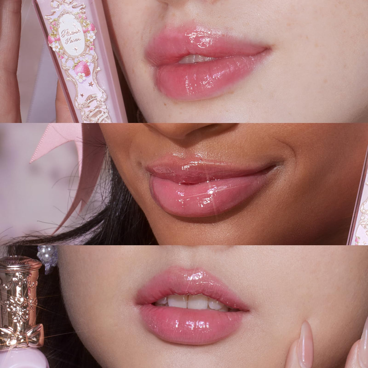 Flower Knows texture swipe of gloss showing viscous, hydrating finish benefit