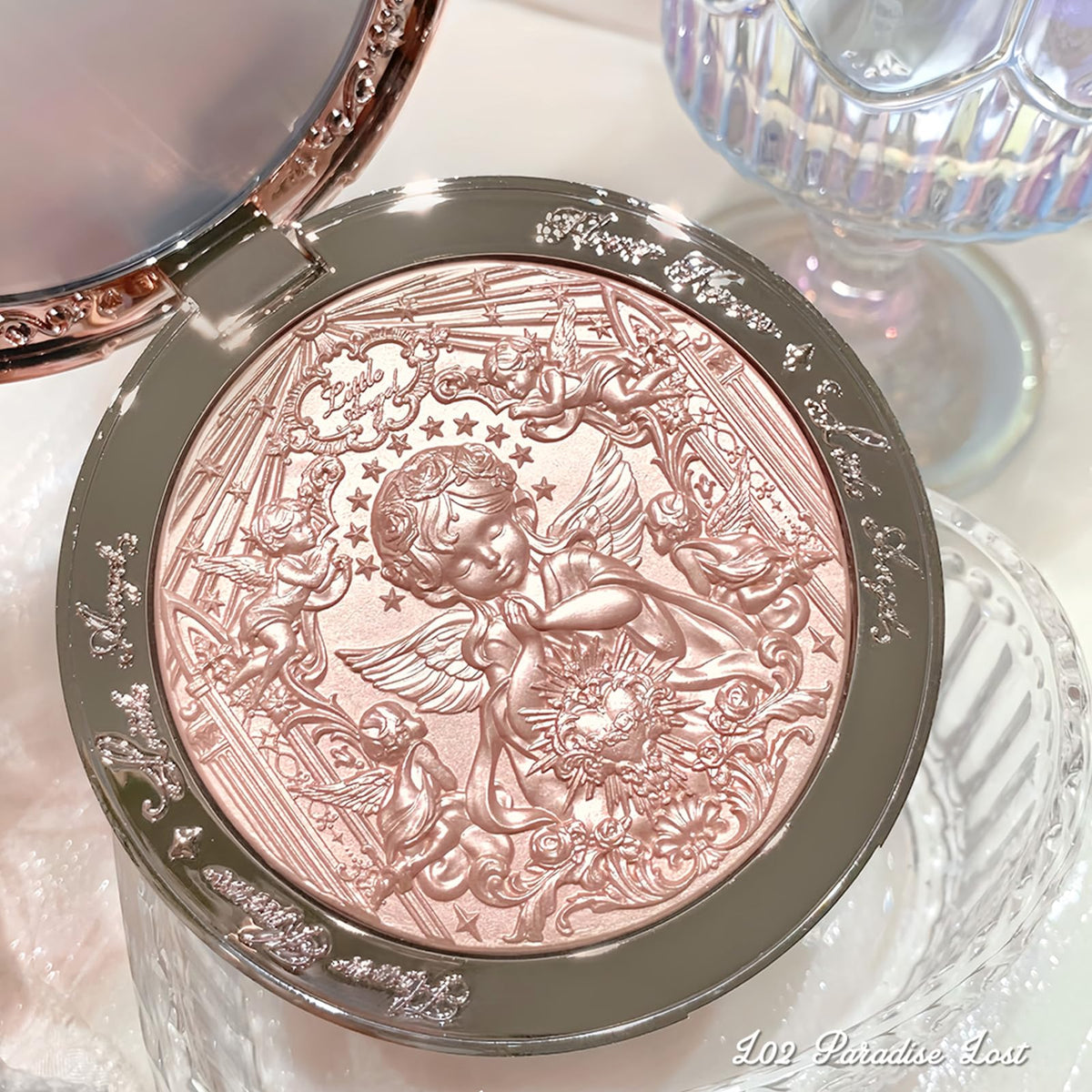 Flower Knows powder on collarbone illustrating luminous sheen and flattering body highlight