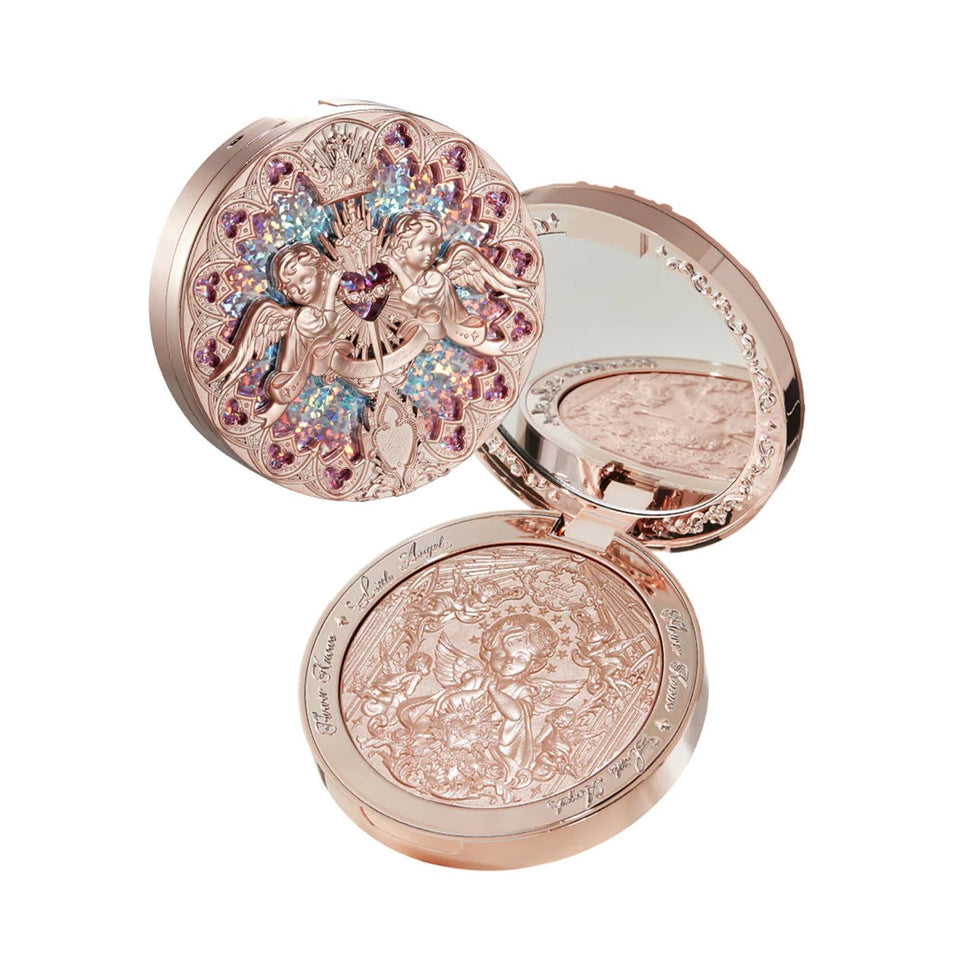 Flower Knows compact front view showing rose gold glow and elegant design benefit radiance