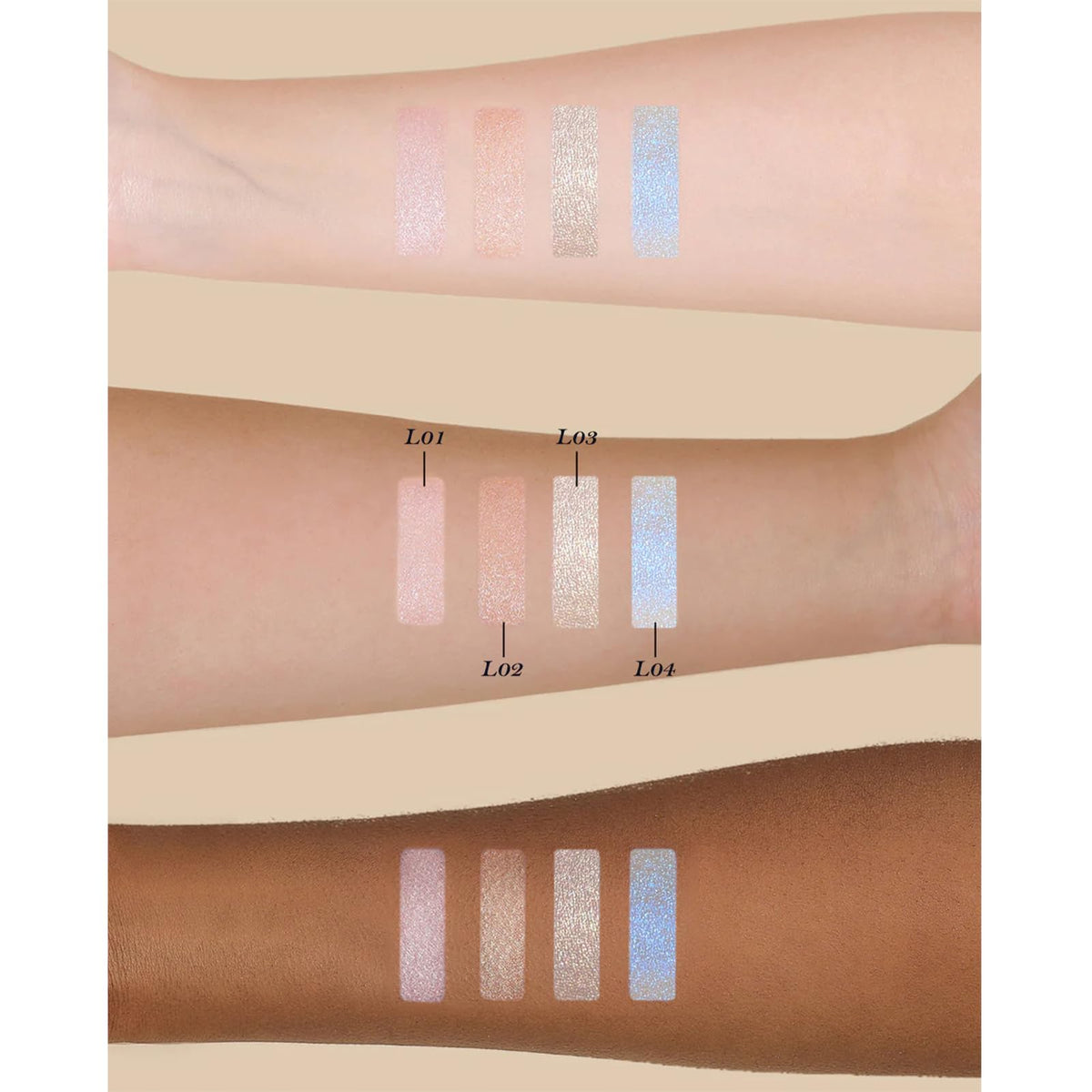Flower Knows powder swatch on wrist showing pearly shimmer and buildable finish benefit