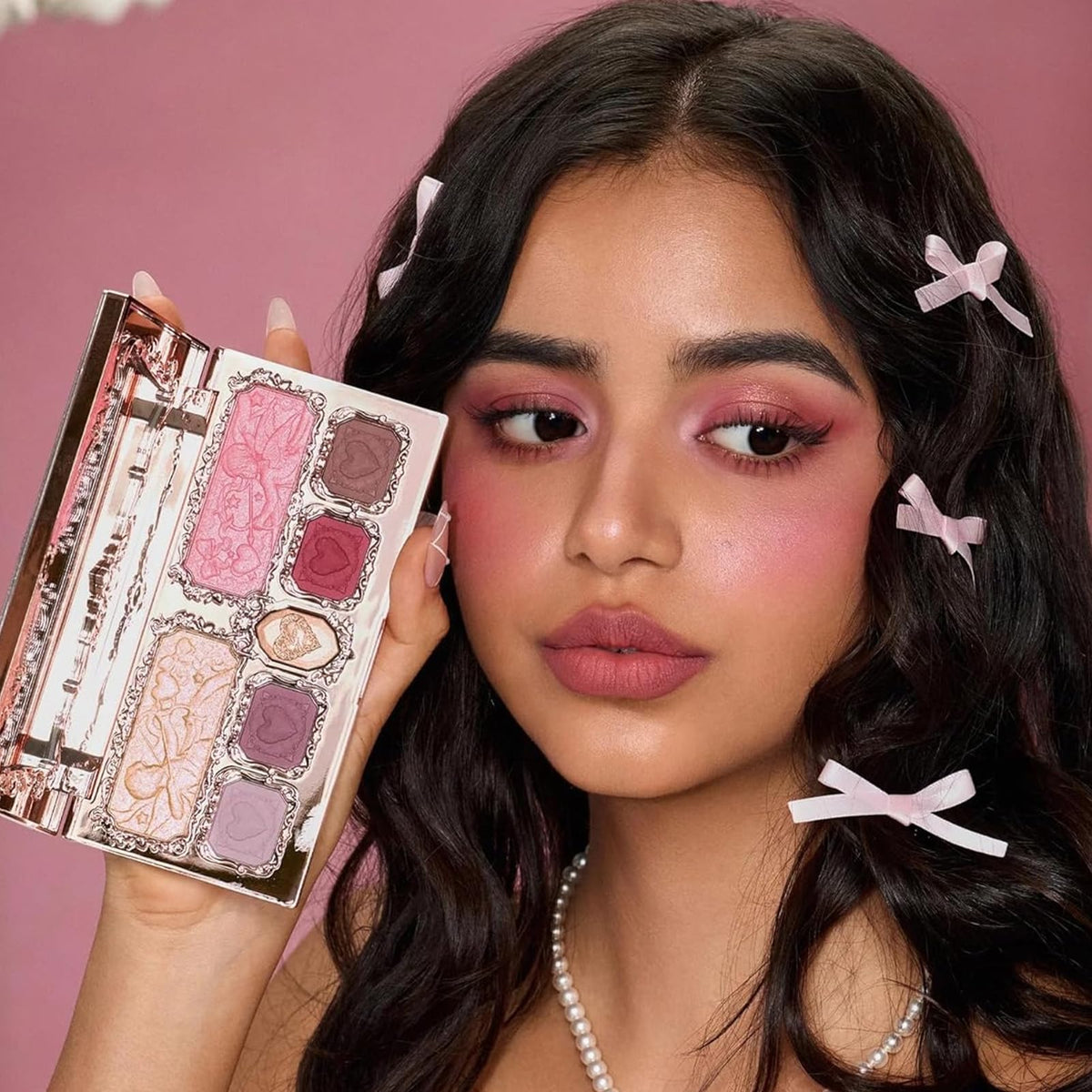 Flower Knows palette tucked in a makeup bag for travel-ready convenience