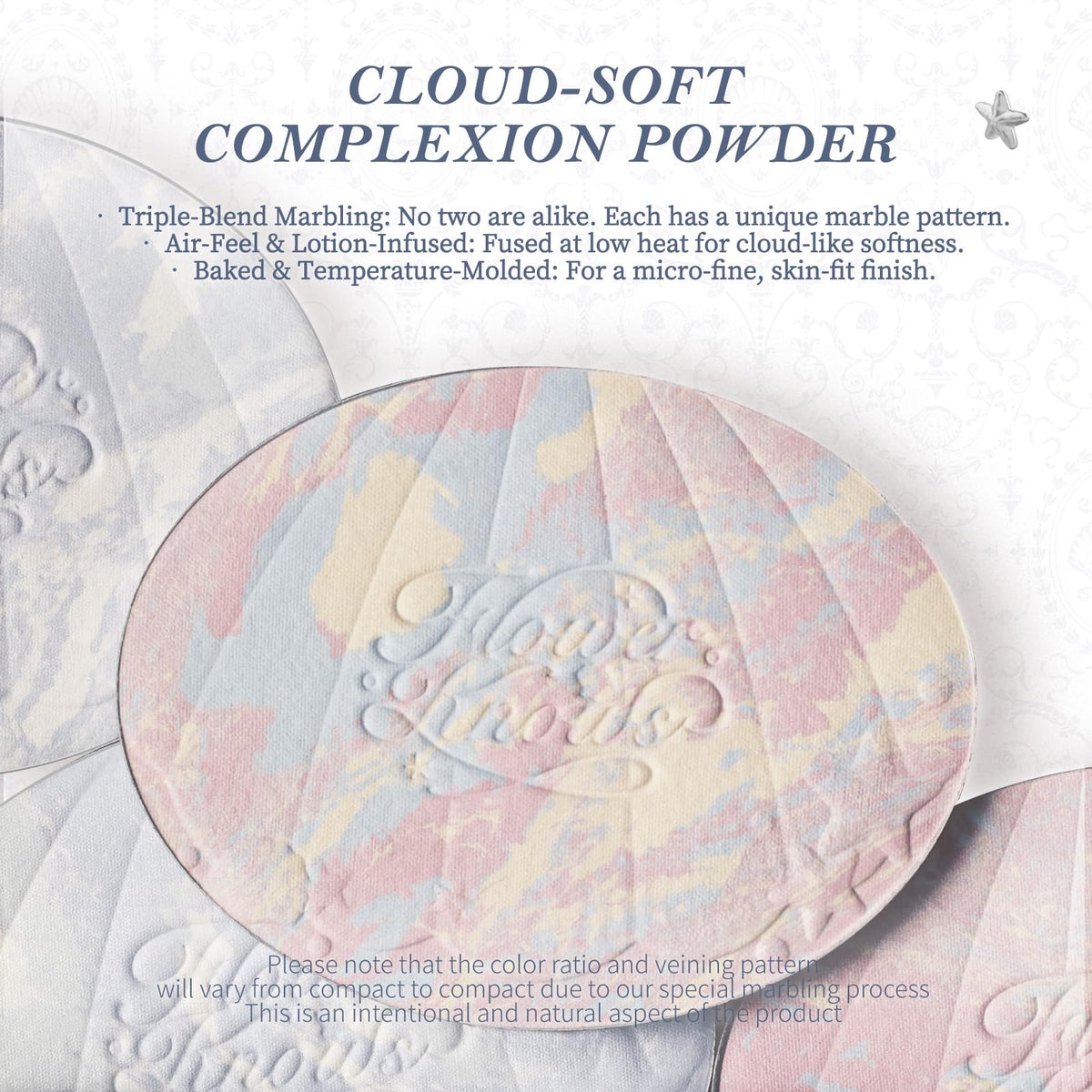 Flower Knows powder texture swirl highlighting fine milled finish for smooth blending benefit