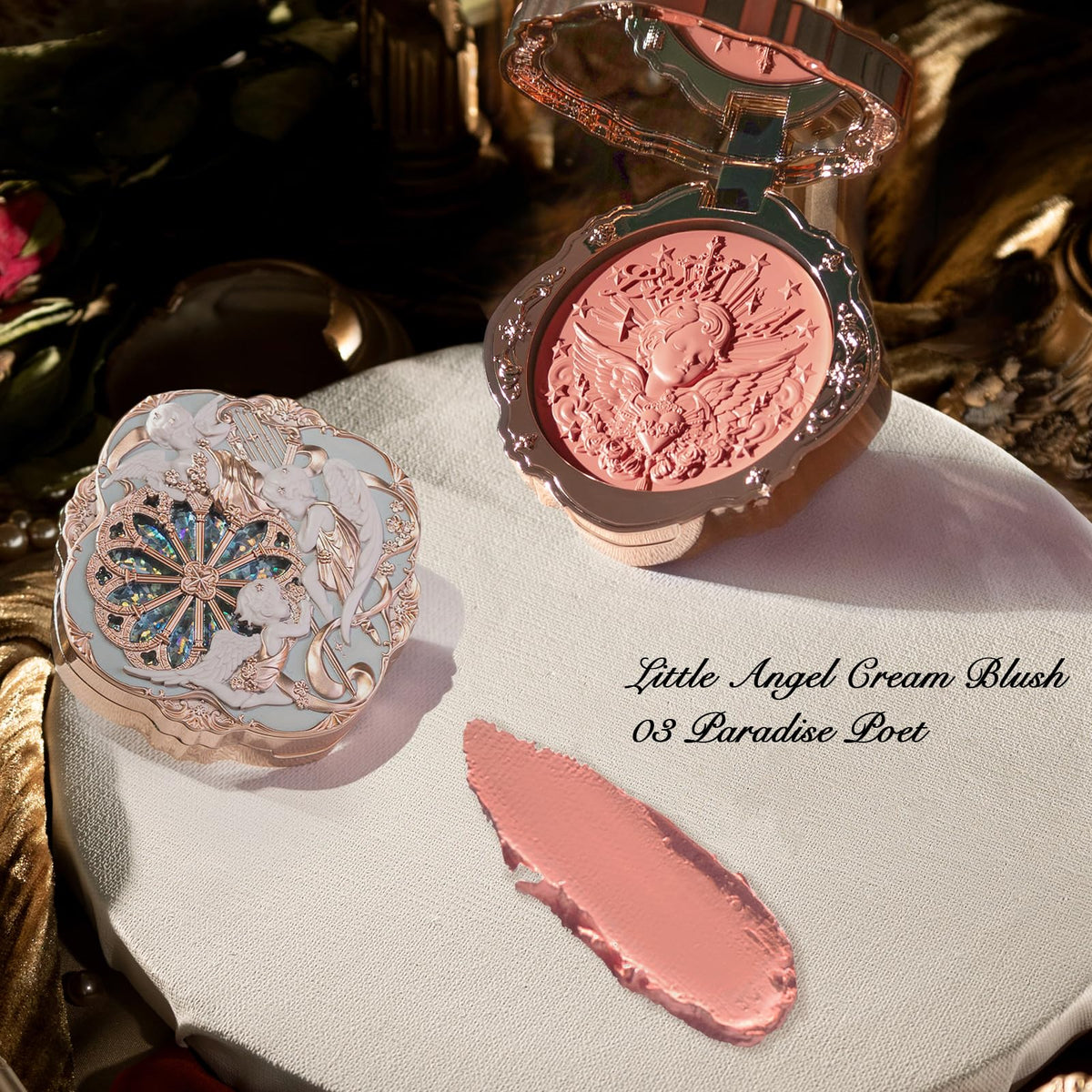 Flower Knows compact beside coin demonstrating compact size and travel ease
