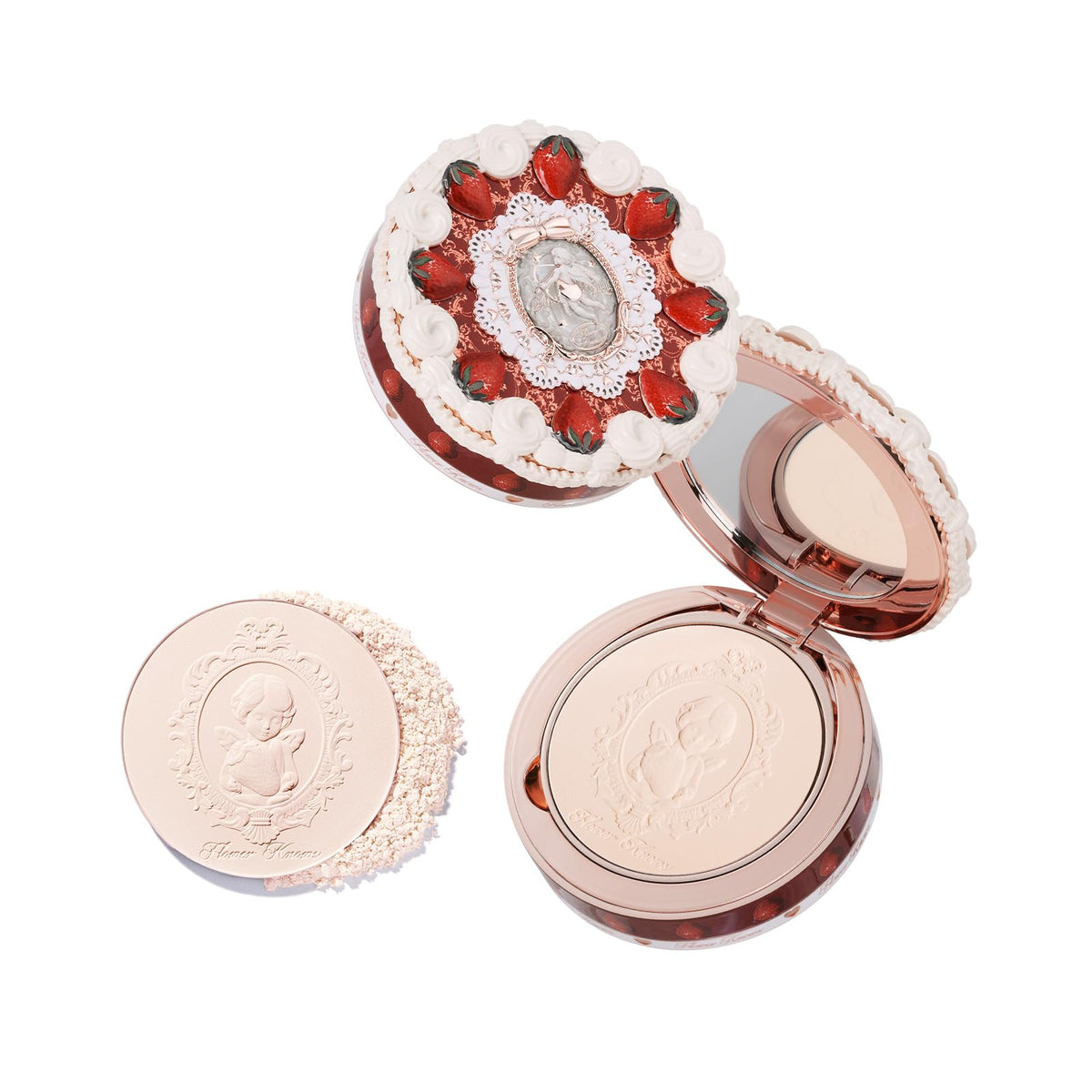Flower Knows front compact showing strawberry shape and portable design benefit
