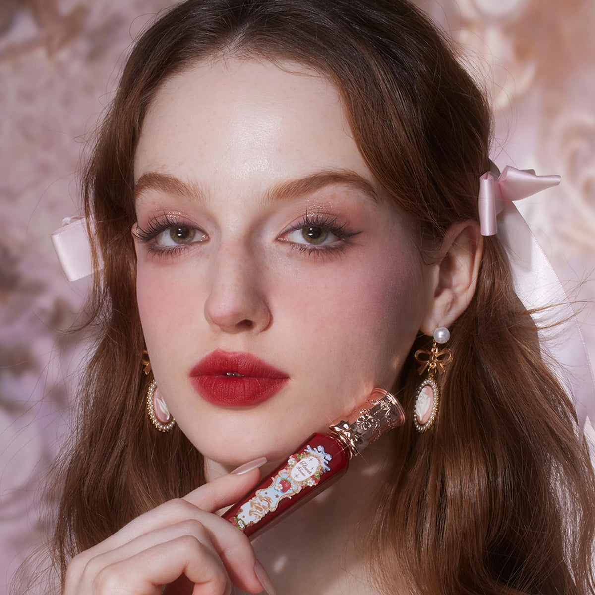 Flower Knows on-model full lip photo showing bold ruby-red matte finish