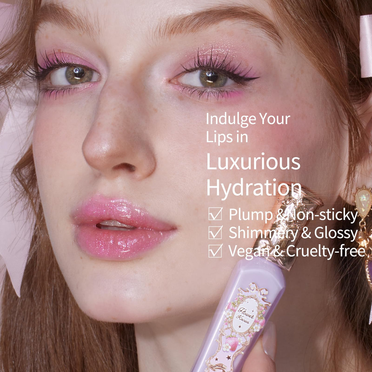 Flower Knows swatches on lips illustrating sheer lilac shimmer and fuller look