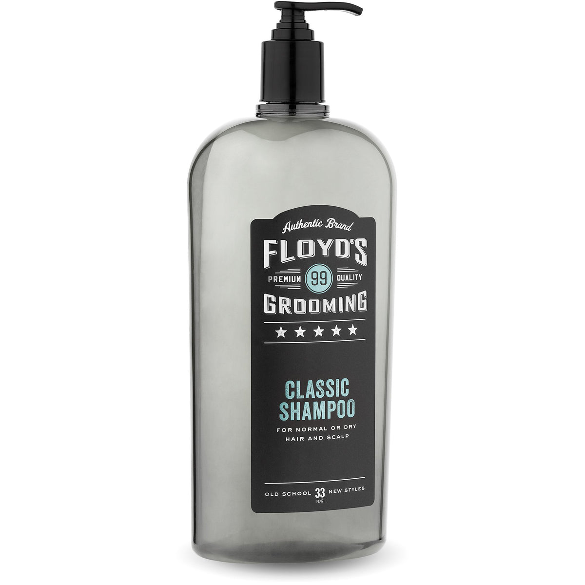Floyd's 99 front bottle showing moisturizing shampoo and salon-size value