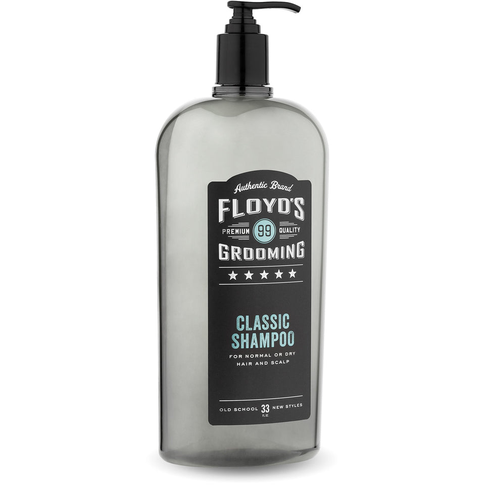 Floyd's 99 front bottle showing moisturizing shampoo and salon-size value