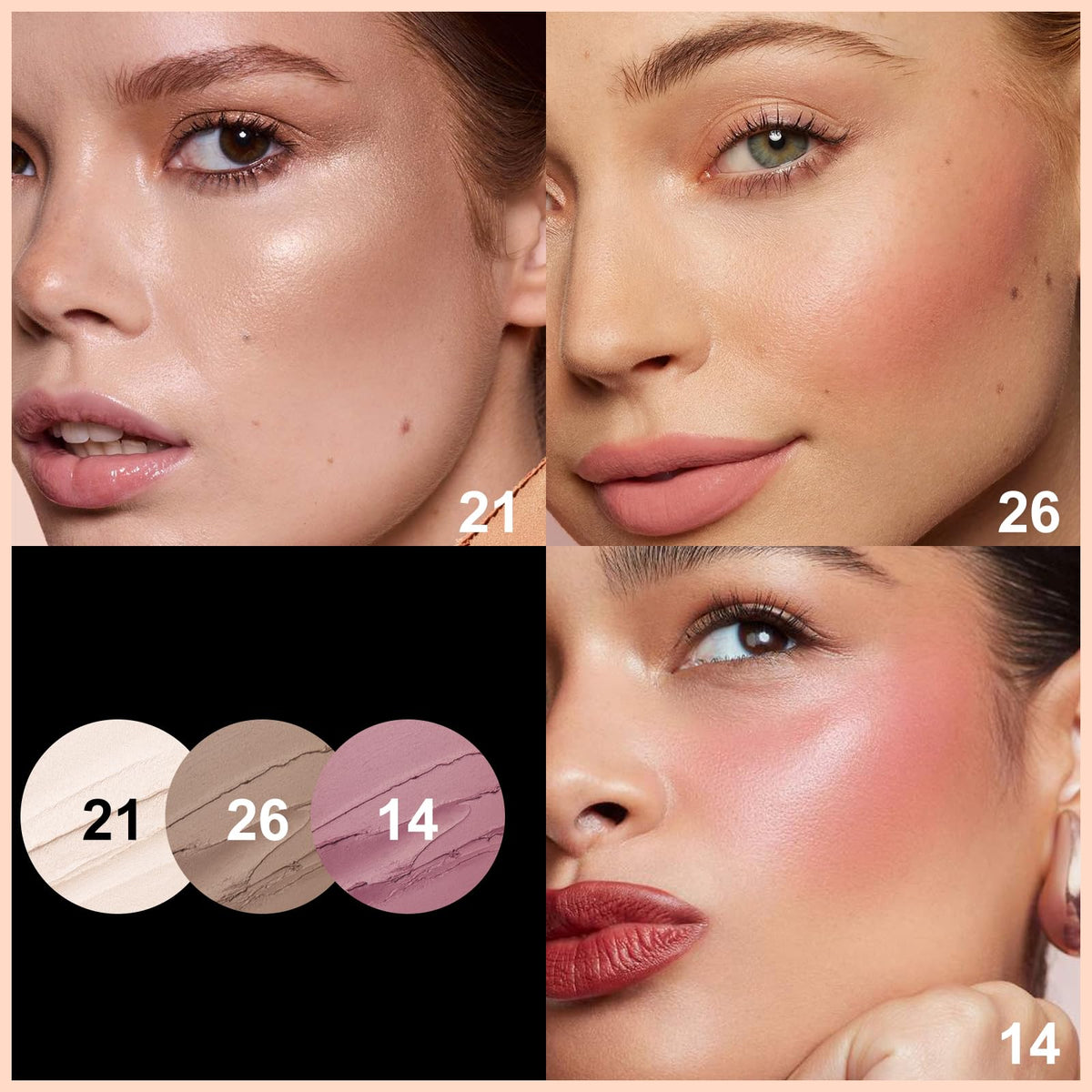 FOCALLURE swatches of blush and highlighter on hand for true-color preview benefit