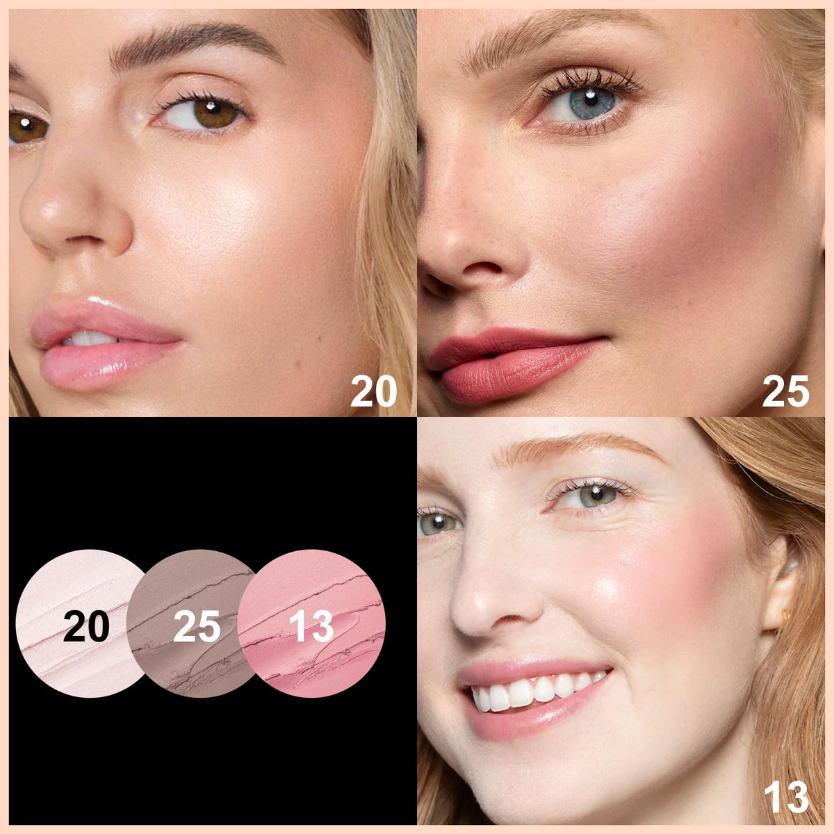 FOCALLURE blush and highlighter swatches showing buildable natural color benefit