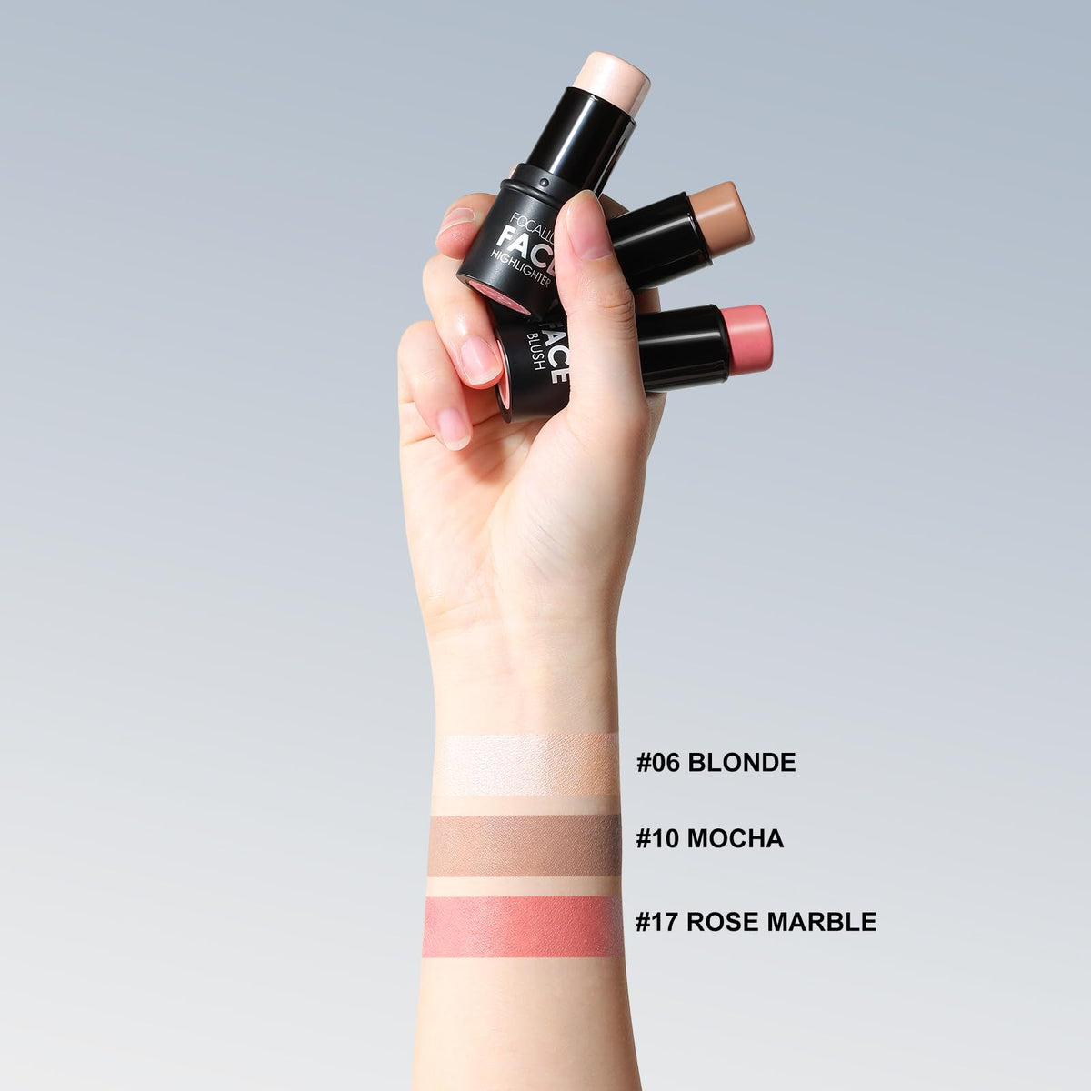FOCALLURE blush stick angled view highlighting blendable color and fresh flush