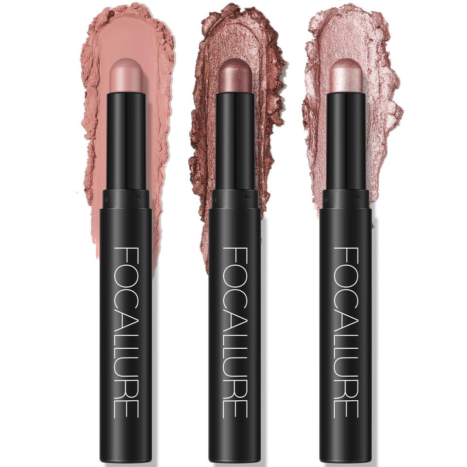 FOCALLURE front packaging showing three pink eyeshadow sticks and compact case for clarity