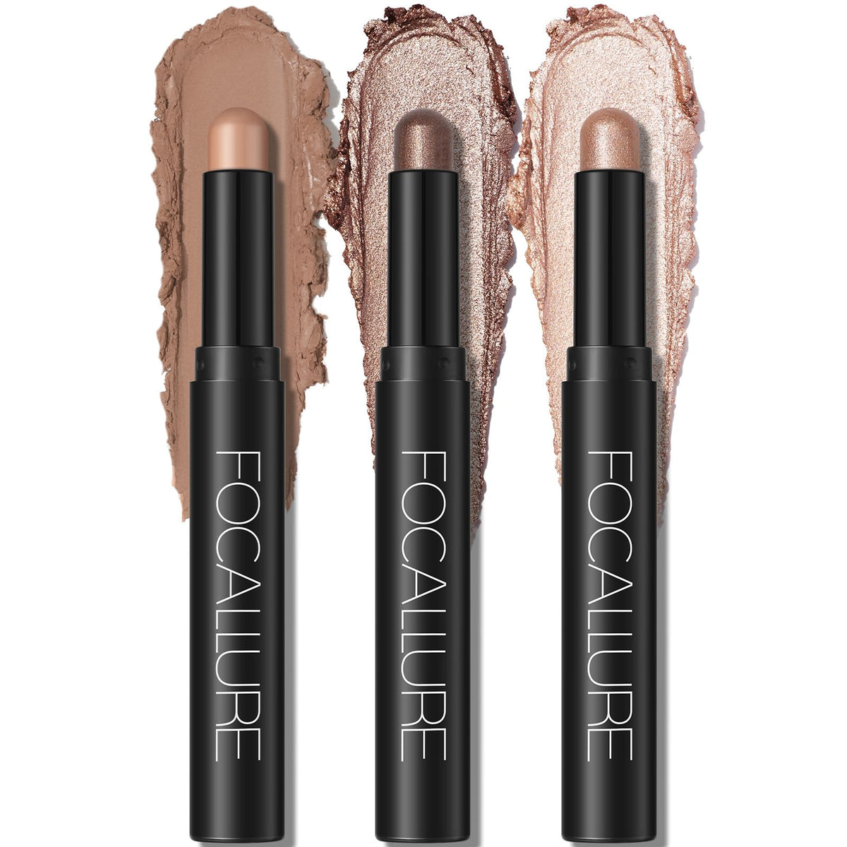 FOCALLURE front packaging showing three Gilded Taupe sticks and color range benefit