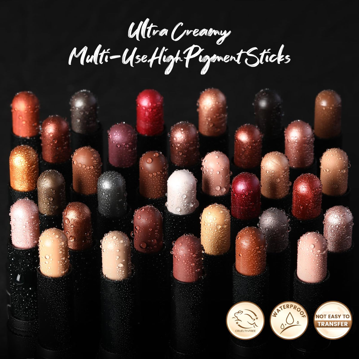 FOCALLURE label and shade close-up highlighting names and ingredient clarity benefit