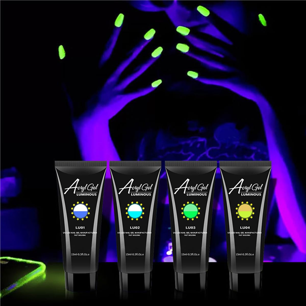 Fokostar glow effect in dark showcasing vibrant neon manicure illumination
