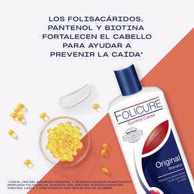 Folicure bottle beside a hand for size comparison and convenient travel benefit