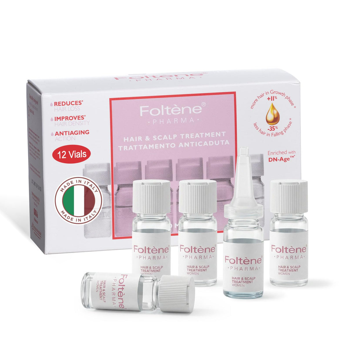 Foltene front packaging showing 12 ampoules and clear treatment benefit