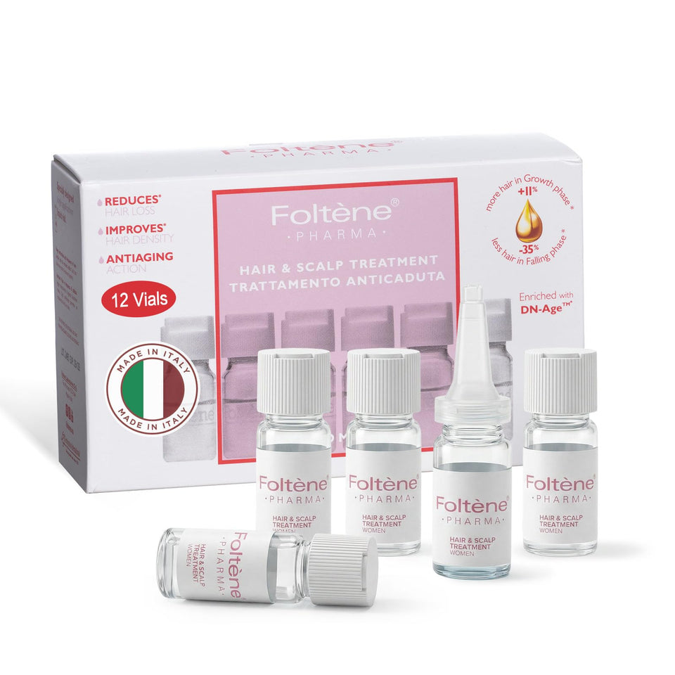 Foltene front packaging showing 12 ampoules and clear treatment benefit