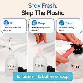 FOMIN tablet dissolving in foaming bottle, quick-mix refill benefit