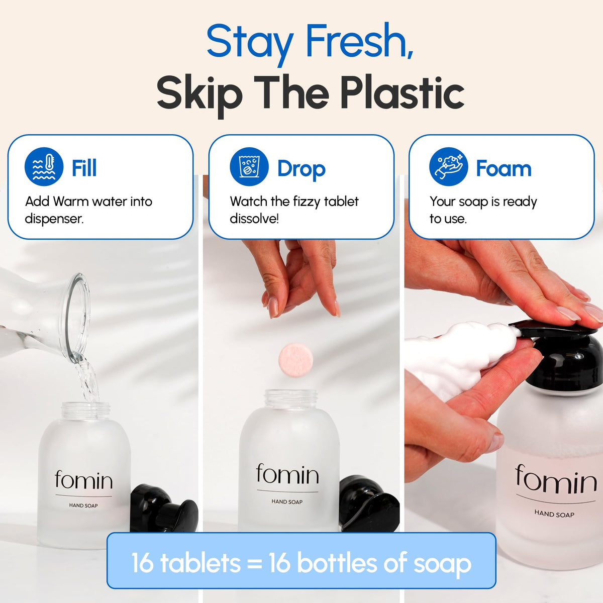 FOMIN tablet dissolving in foaming dispenser bottle to create foam, demonstrating easy refill step