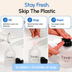 FOMIN tablet dissolving in foaming dispenser bottle to create foam, demonstrating easy refill step