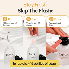 FOMIN tablet dissolving in foaming bottle, showing quick preparation and time savings