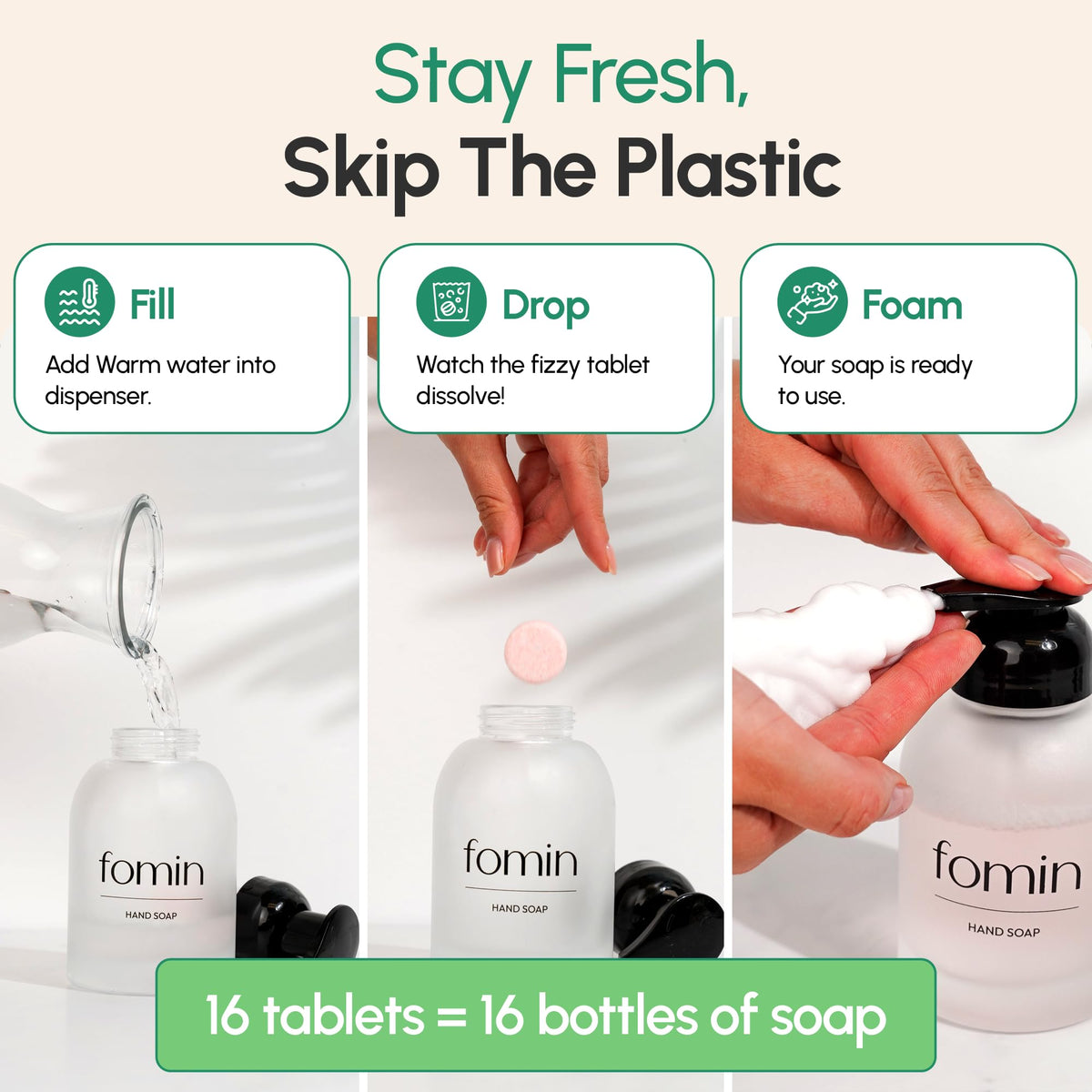 FOMIN tablet dissolving in bottle to create foaming hand soap quickly