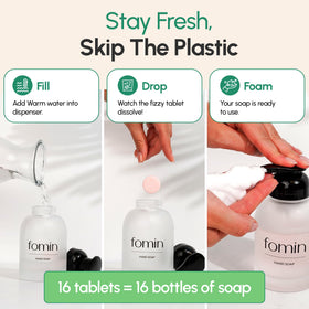 FOMIN tablet dissolving in bottle to create foaming hand soap quickly