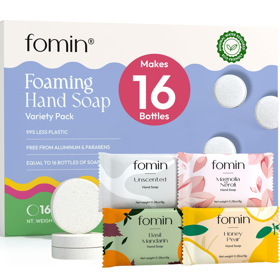 FOMIN front packaging showing 16 tablets and eco-friendly branding, highlights reduced plastic waste