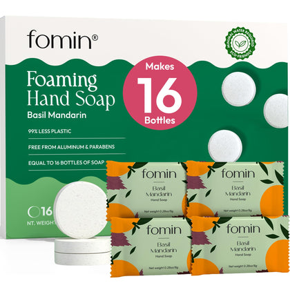 FOMIN front packaging showing 16 basil mandarin tablets and benefits