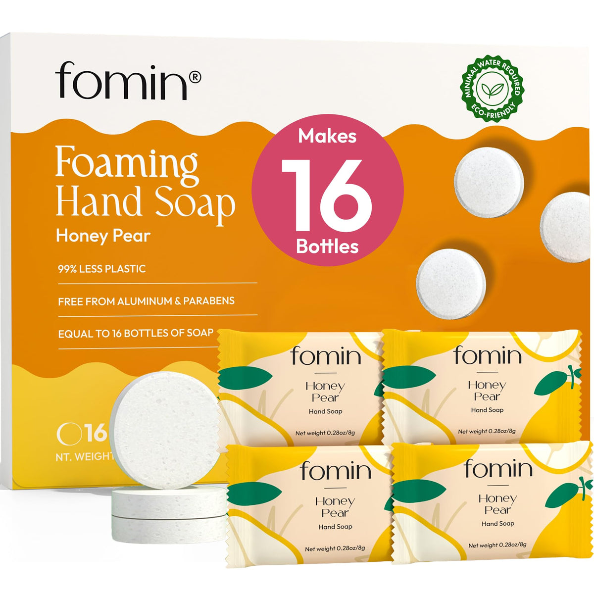 FOMIN front packaging showing 16-pack and honey pear scent, highlights compact refill benefit